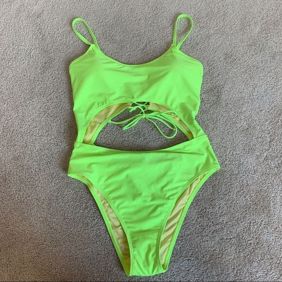 Relleciga high waisted 1 piece swimsuit cut out swimwear neon yellow sz XL NWOT - Picture 6 of 15